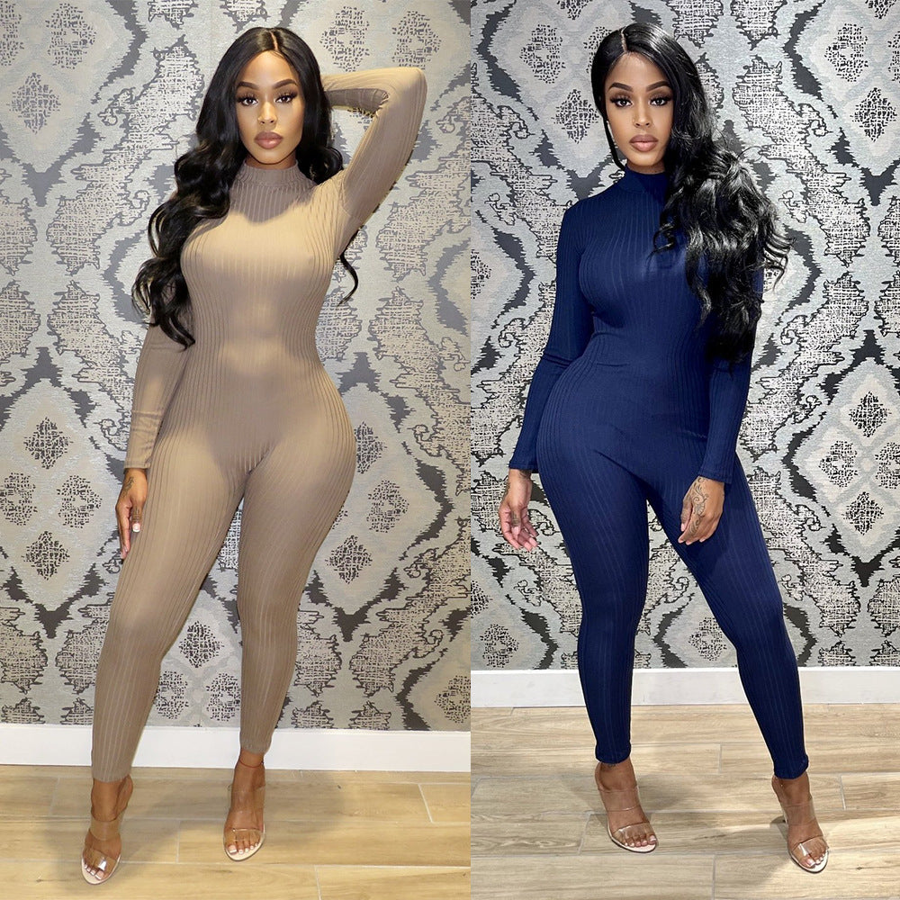 Figurbetonter Langarm-Jumpsuit für Damen – Reißverschluss, Knitted-Look